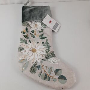 The Farmhouse Rachel Ashwell Christmas Stocking Flower Pine Berries Beige Green